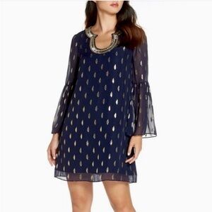 Lilly Pulitzer Silk Armory Dress, Gold and Navy Beaded Cocktail Bell Sleeves, XS